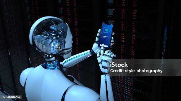 Humanoid Robot Smartphone Data Center Backup Stock Photo - Download Image Now - Digitization, Administrator, Artificial Intelligence