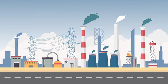 Vector of industrial factory buildings, polluting air with electricity tower, chimney, and smoke or fog air pollution. Flat set design elements with