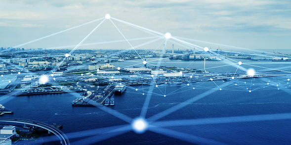 Modern port and ships aerial view and communication network concept. Ship radio. 5G. IoT.