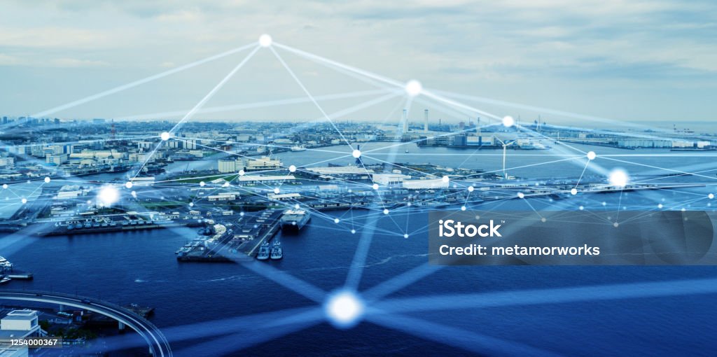 Modern port and ships aerial view and communication network concept. Ship radio. 5G. IoT. Freight Transportation Stock Photo