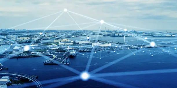 Photo of Modern port and ships aerial view and communication network concept. Ship radio. 5G. IoT.