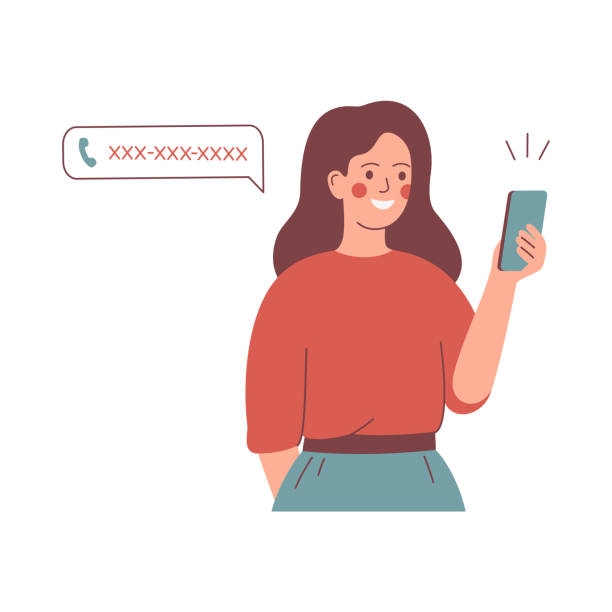 ilustrações, clipart, desenhos animados e ícones de uma jovem mostra o número de telefone com um rosto feliz. - woman cellphone