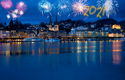 New Year 2021 fireworks celebration over Lucerne, Switzerland