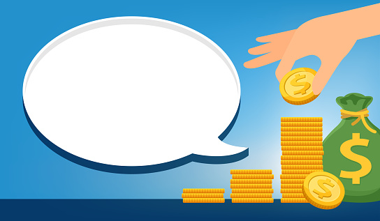 money pile in hand and speech bubble box for copy space, pile medal dollar and banknote money and dialog speech for text, stack money in hand for banner template, savings money concept