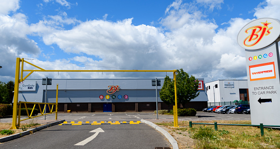 Reading, United Kingdom - June 05 2020:  The car park and entrance to BJs Bingo hall on Basingstoke Road