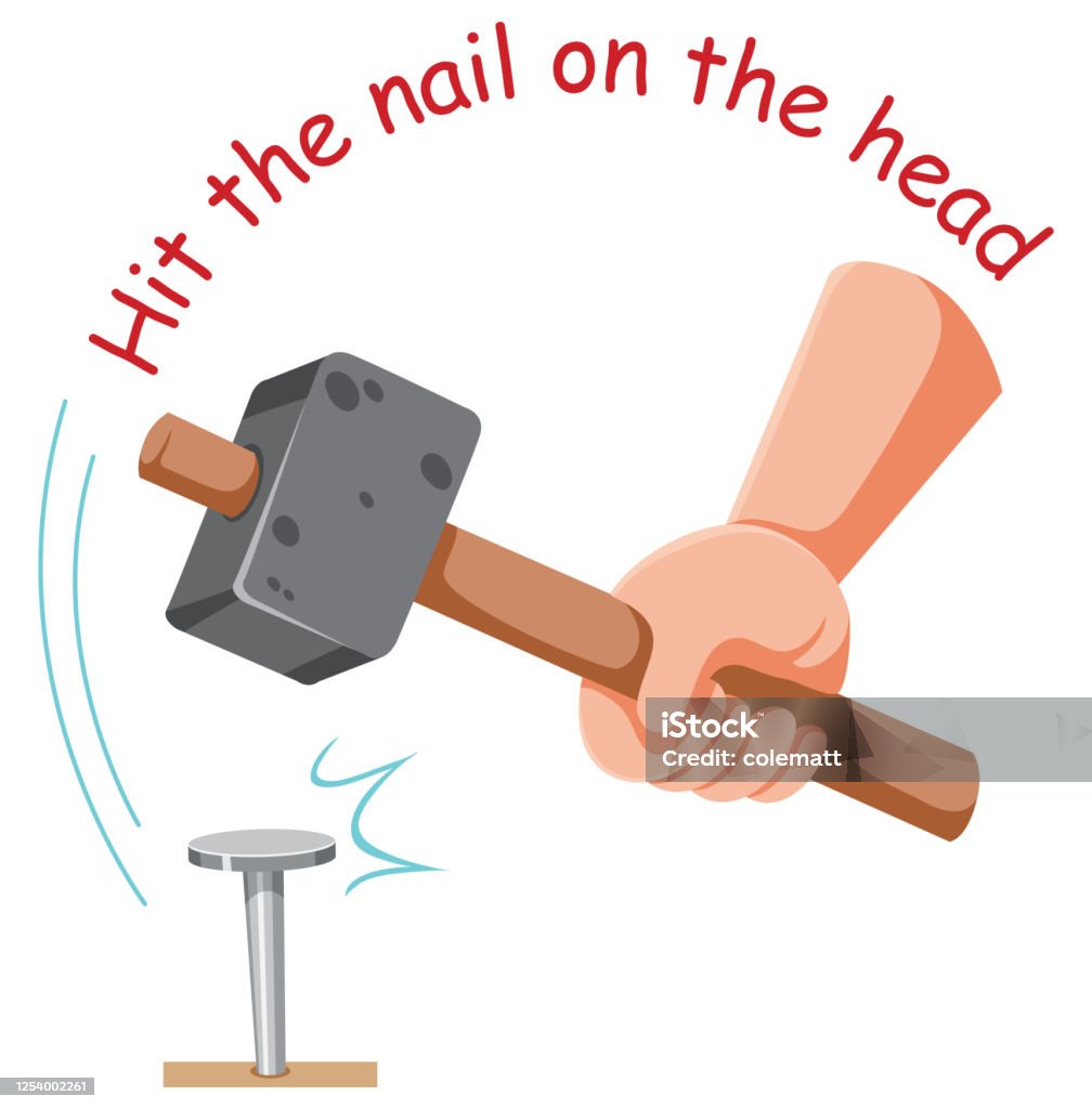 English Idiom With Picture Description For Hit The Nail On The Head On  White Background Stock Illustration - Download Image Now - iStock