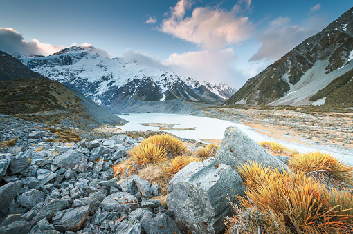 New Zealand scenic mountain landscape at Aoraki Mount Cook at summer with nature landscape background in south island new zealand