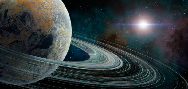 istock Space background. Planet with ring in colorful nebula. 1254002610