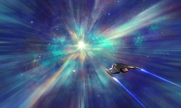 istock Space background. Spaceship fly through hyperspace in colorful nebula and star field. Digital painting. 1254002614