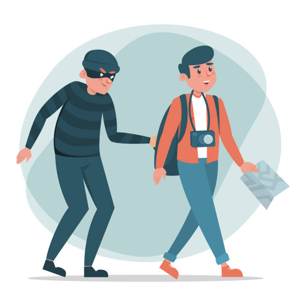 Thief stealing money from tourist vector isolated Thief stealing money from tourist vector isolated. Dnagerous criminal in black mask. Robber steals wallet full of money. Man with map and camera does not suspect anything. pickpocketing stock illustrations