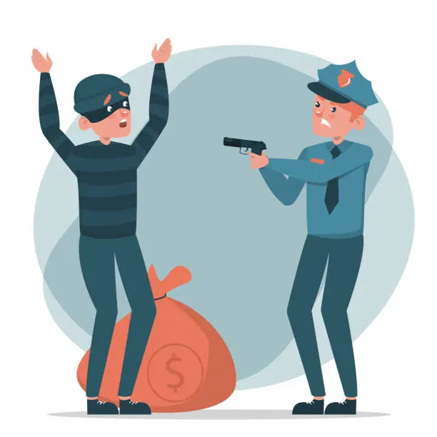 Vector illustration of Policeman caught a criminal with money bag