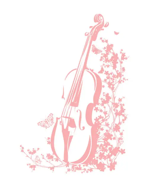 Vector illustration of violin and blooming sakura flowers vector silhouette decor