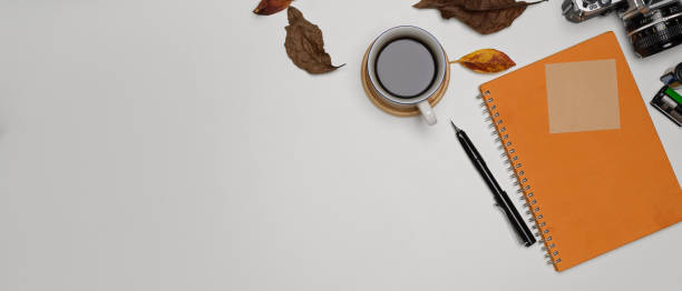 istock Copy space on workspace with diary, coffee cup, camera and leaves decorated on table 1254009645