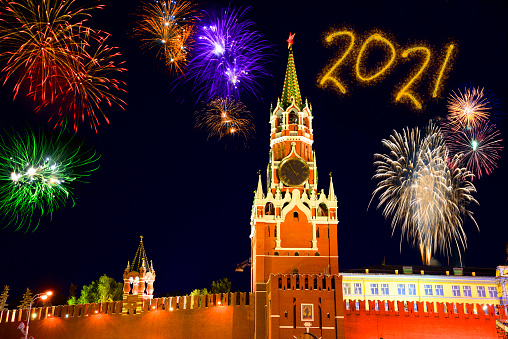 New year 2021 fireworks over Moscow, Russia