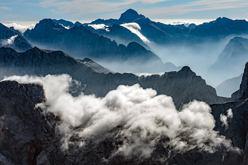 Triglav, the highest mountain in Slovenia(2,864m; 9,396ft), and Jalovec(on the right), , from Mangart., Triglav National Park, Primorska, Julian Alps, Slovenia, Europe,Nikon D3x