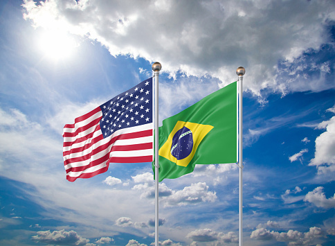 Realistic 3D Illustration. USA and Brazil. Waving flags of America and Brazil.