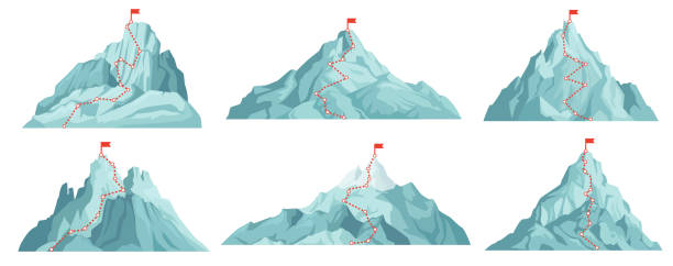 Route to mountain peak. Climbing to mountains with red flag on top. Progress infographics, success business, vision cartoon vector concepts Route to mountain peak. Climbing to mountains with red flag on top. Progress infographics, success business, vision concepts. Career growth or development cartoon vector illustration. mount everest stock illustrations