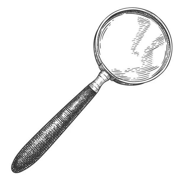 Vector illustration of Engraved magnifying glass. Retro magnifier sketch, vintage detective search equipment and hand drawn loupe vector illustration.