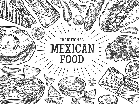 Traditional mexican food. Sketch national mexican cuisine spicy dishes as hand drawn burrito, taco, salsa with chips, tortillas, menu template with lettering for vector restaurant brochure, flyer.