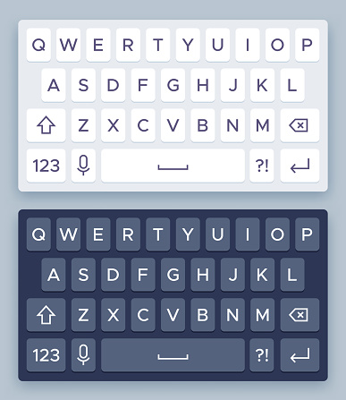 Smartphone keyboard. Mobile phone white and black screen keypad with english qwerty alphabet realistic vector isolated mockup for cell phone. Light and dark abc buttons for device vector illustration.