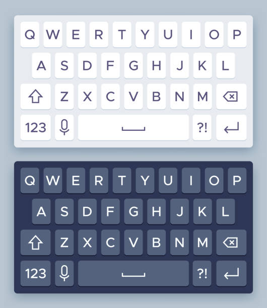 Smartphone keyboard. Mobile phone white and black screen keypad with english qwerty alphabet realistic vector isolated mockup for cell phone. Smartphone keyboard. Mobile phone white and black screen keypad with english qwerty alphabet realistic vector isolated mockup for cell phone. Light and dark abc buttons for device vector illustration. keypad stock illustrations