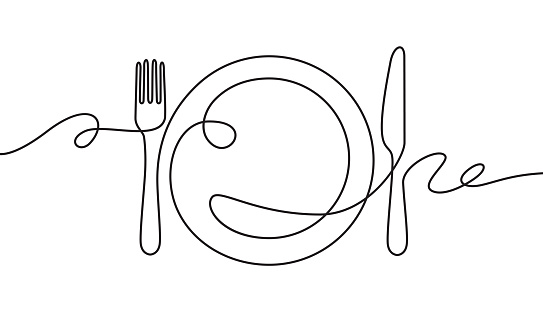 Line fork, knife and plate. Continuous one line drawing cutlery, cooking utensils. Hand drawn dishware for restaurant logo or menu cover in linear style art concept vector illustration.