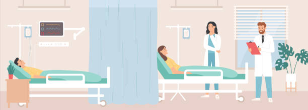 Intensive therapy clinic. Doctors visiting patients in ward, nurse provide hospital care using mechanical ventilation apparatus, flat vector. Intensive therapy clinic. Doctors visiting patients in ward, nurse provide hospital care using mechanical ventilation apparatus. Woman and man lying in bed with dropper in clinic room flat vector. hospital ward stock illustrations