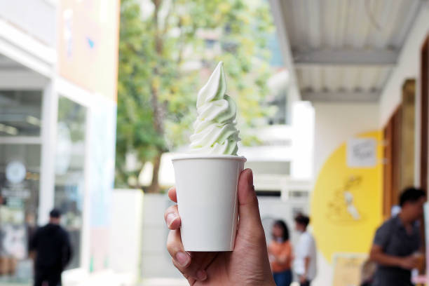 istock Frozen yogurt melon ice cream in a disposable cup; takeaway decorated served with dried ice making amazing moment. 1254016409