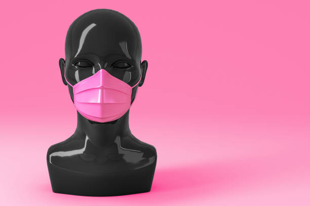 medizinisches konzept, das konzept des verbots der meinungsfreiheit. frauen glänzend modischen kopf in einer medizinischen maske auf einem rosa hintergrund gefärbt. 3d-lager-illustration. - demonstrant grafiken stock-fotos und bilder