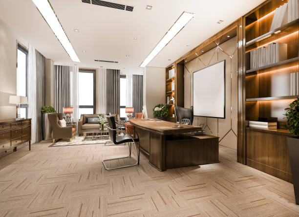 istock 3d rendering luxury business meeting and working room in executive office 1254017820