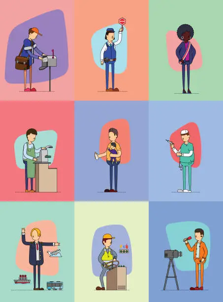 Vector illustration of Series of workers performing their daily task in communities, public sectors and private sectors