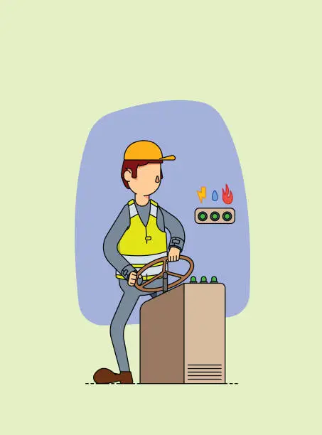 Vector illustration of Powerplant worker maintaining the power grid for public use, electricity, gas and water