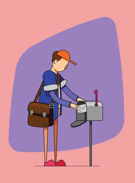 Vector illustration of Male postman delivering mail to a mailbox at a house