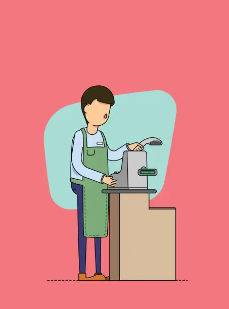 Vector illustration of Female store clerk scanning product and preparing the bill