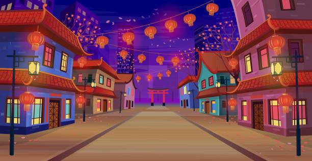 全景中國街與紅鼠,房子,中國拱門,燈籠和花環在晚上的中國生肖標誌年。卡通風格的城市街道向量圖。 - 電影節 插圖 幅插畫檔、美工圖案、卡通及圖標