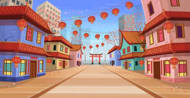 ilustrações, clipart, desenhos animados e ícones de panorama da rua chinesa com casas antigas, arco chinês, lanternas e uma guirlanda. ilustração vetorial da rua da cidade em estilo desenho animado. - chinese spring festival