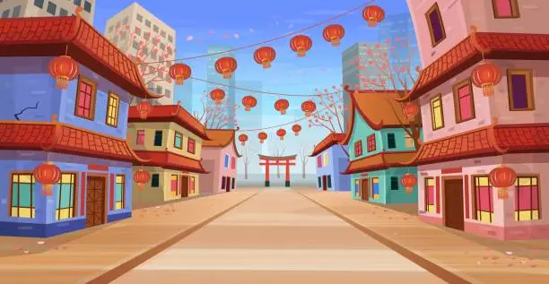Vector illustration of Panorama chinese street with old houses, chinese arch, lanterns and a garland. Vector illustration of city street in cartoon style.