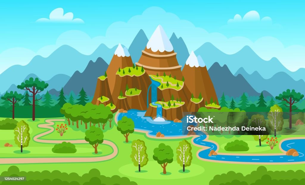 Cartoon Forest With Mountains Waterfall Lake River And Trees Vector Stock Illustration - Download Image Now - iStock Cartoon Forest With Mountains Waterfall Lake River And Trees Vector Stock Illustration - Download Image Now - iStock