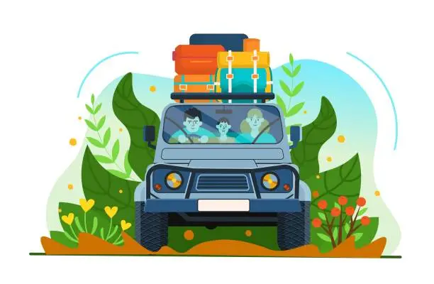 Vector illustration of SUV car 4x4. Family traveling in a car with a lot of suitcases. Vector illustration.