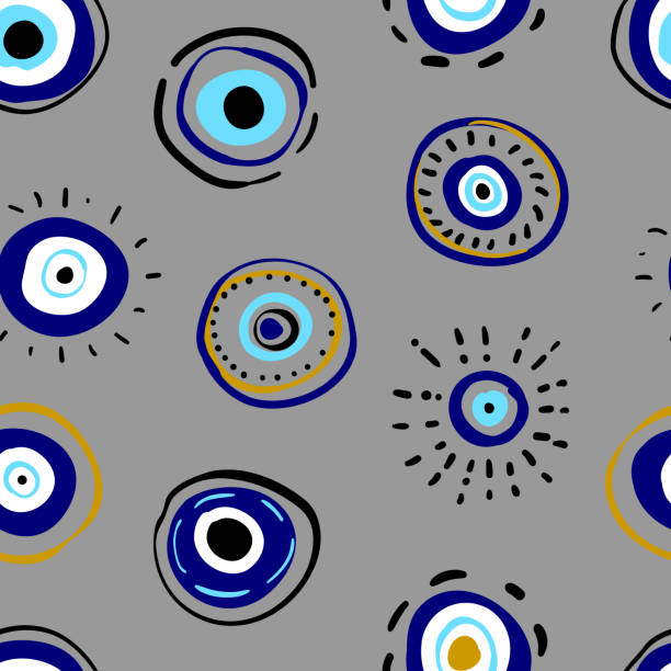 ilustrações de stock, clip art, desenhos animados e ícones de hand drawn turkish eye. seamless pattern with hand drawn turkish evil eye bead. good luck. turkish tile. oriental ottoman design vector background. symbol of turkey, greese, crete, cyprus - evil eye beads