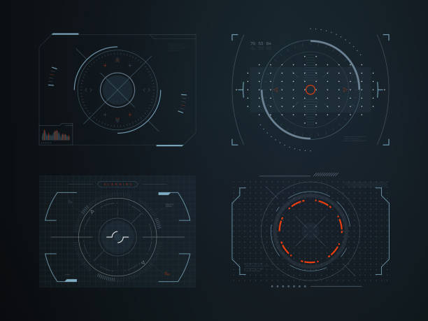 футуристические hud виртуальные панели управления. голограмма сенсорный экран высокотехнологичный вектор дизайна - futuristic touching touch screen computer monitor stock illustrations