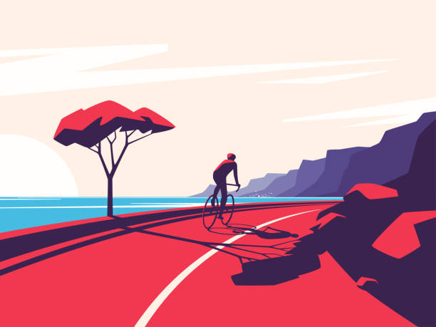 ilustraciones, imágenes clip art, dibujos animados e iconos de stock de ilustración vectorial de un ciclista que recorre la carretera de montaña oceánica - bicycle sport cyclist mountain