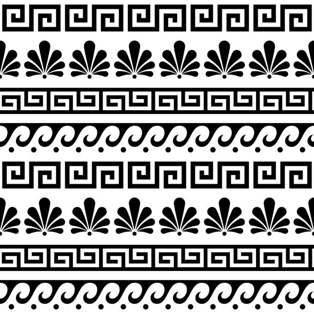 illustrations, cliparts, dessins animés et icônes de ensemble grec de motifs vectoriels sans soudure - ornement répétitif floral et géométrique, motif clé en noir et blanc - classical greek greek culture roman greece