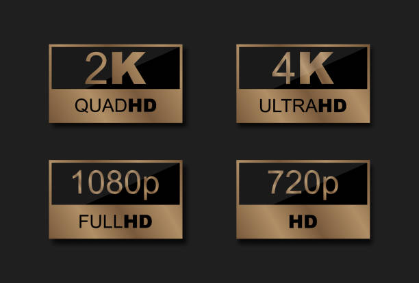 4k ultrahd, 2k quadhd, 1080 fullhd, 720 hd размеры видео, логотип значка разрешения видео. метка дисплея монитора экрана tv/game. метки высокой четкости, значки. hd - hd 1080 stock illustrations