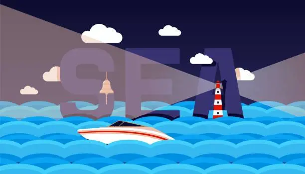 Vector illustration of Sea text, boat in brine, ocean, surface, night travel, trip open reservoir, vector flat illustration. Design web banner.