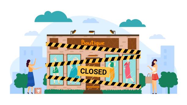 Empty Closed Bankrupted Boutique Vector Illustration Cartoon Flat Store  Building With Yellow Black Bankrupt Closing Tape Isolated On White Stock  Illustration - Download Image Now - iStock