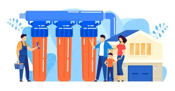 Vector illustration of Water filter installation vector illustration, cartoon flat tiny repairman worker character installing reverse osmosis filtration system