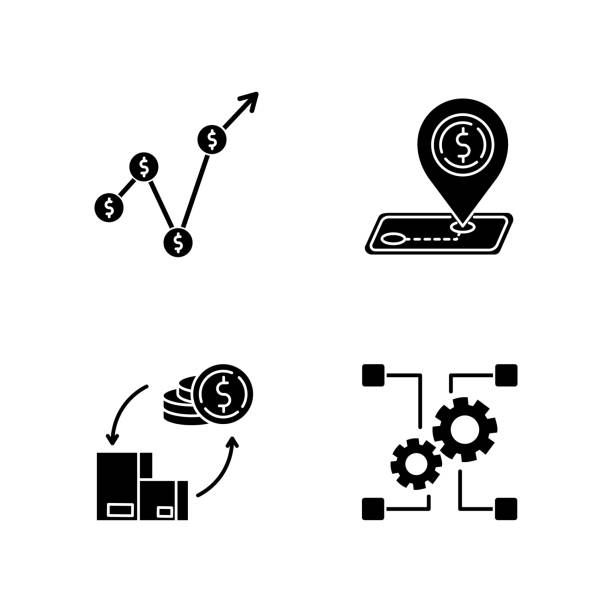Country economics black glyph icons set on white space. Gross domestic product, outsorting and industry development. Tariffs and payments balance. Silhouette symbols. Vector isolated illustration Country economics black glyph icons set on white space. Gross domestic product, outsorting and industry development. Tariffs and payments balance. Silhouette symbols. Vector isolated illustration tax silhouettes stock illustrations