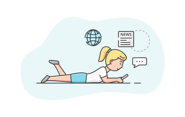 illustrations, cliparts, dessins animés et icônes de concept de nouvelles de dernière heure. la jeune fille est couchée sur le plancher et lisant les nouvelles fraîches du monde sur le smartphone. femme trouver de nouvelles informations sur internet. dessin animé linéaire contour flat style vector illus - newspaper the media digital tablet digitally generated image