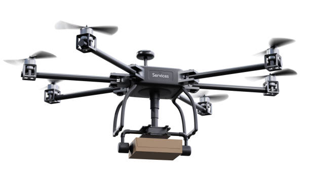 istock UAV drone delivery services with brown post package isolated on white background. clipping part. 3d render. 1254036321